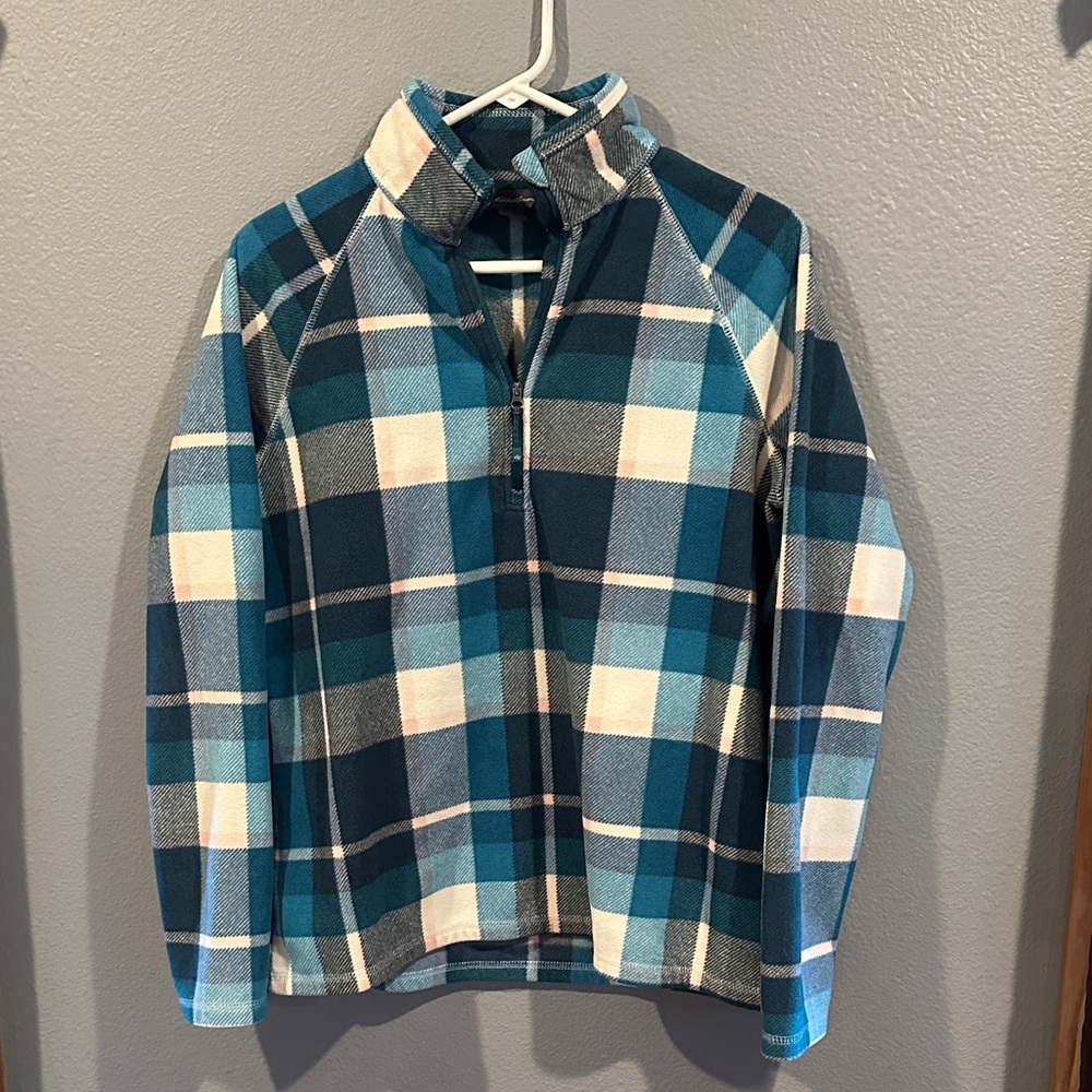Eddie Bauer Womens 1/2 Zip Plaid Fleece Sweatshirt in Blue and Cream